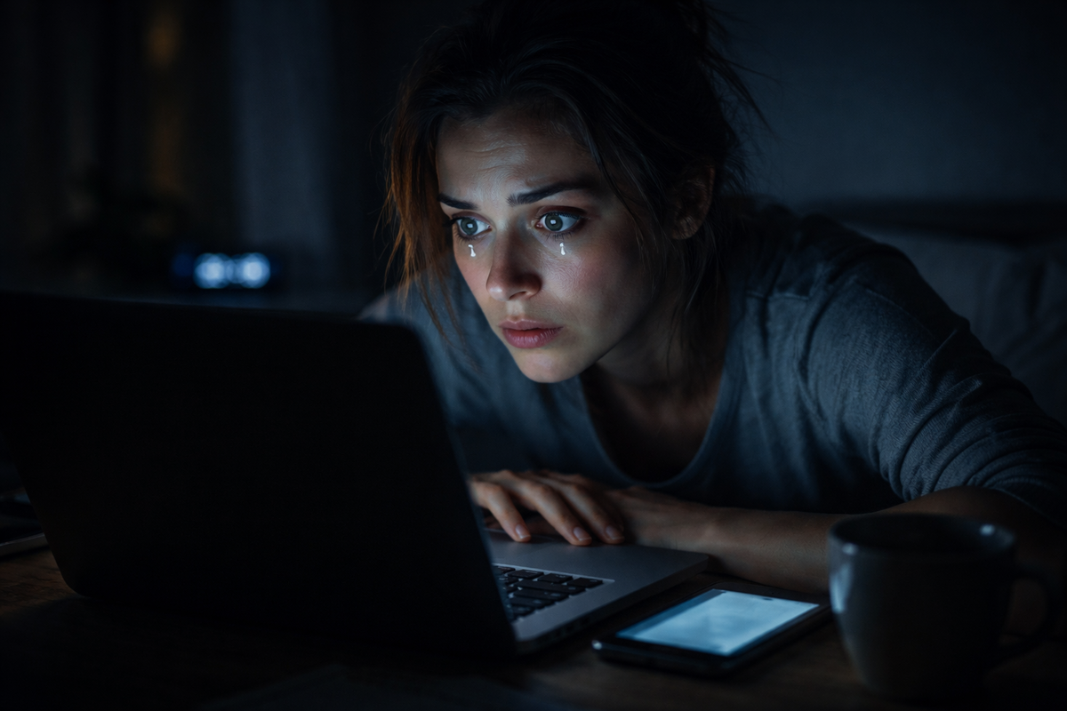 Exhausted woman staring at laptop late at night with tears reflecting screen glow—raw anxiety, desperate anticipation, emotional tension waiting for payment confirmation, silent financial fear and fragile hope colliding