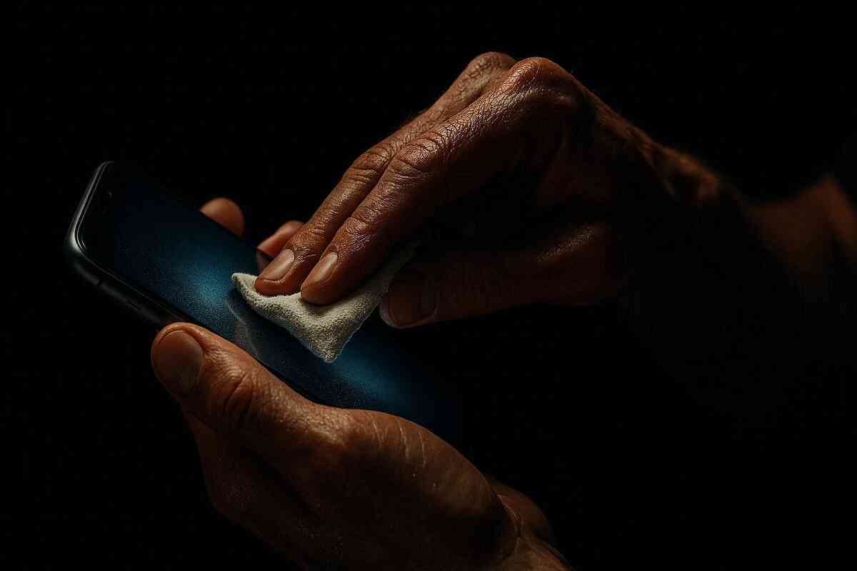 Careful hands intensely cleaning smartphone in darkness—determination, control, emotional preparation for maximum payout, quiet focus before life-changing financial decision, ritual of unlocking hidden value