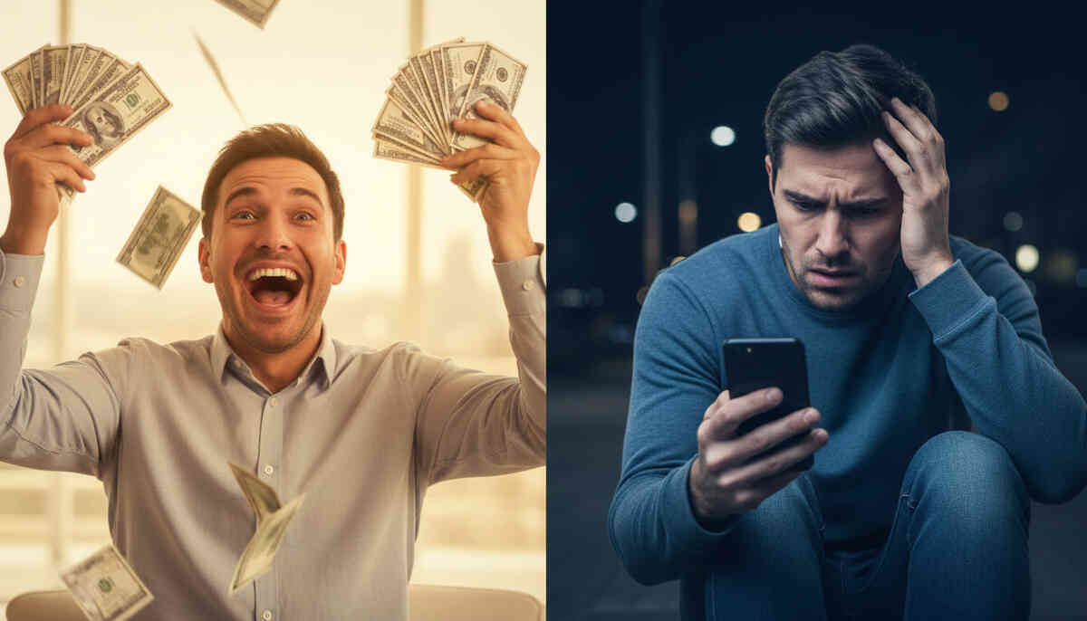 Split emotional reality—left side explosive joy holding cash victory, right side anxiety and regret staring at phone in despair—brutal contrast of financial success vs missed opportunity, powerful emotional tension and consequence