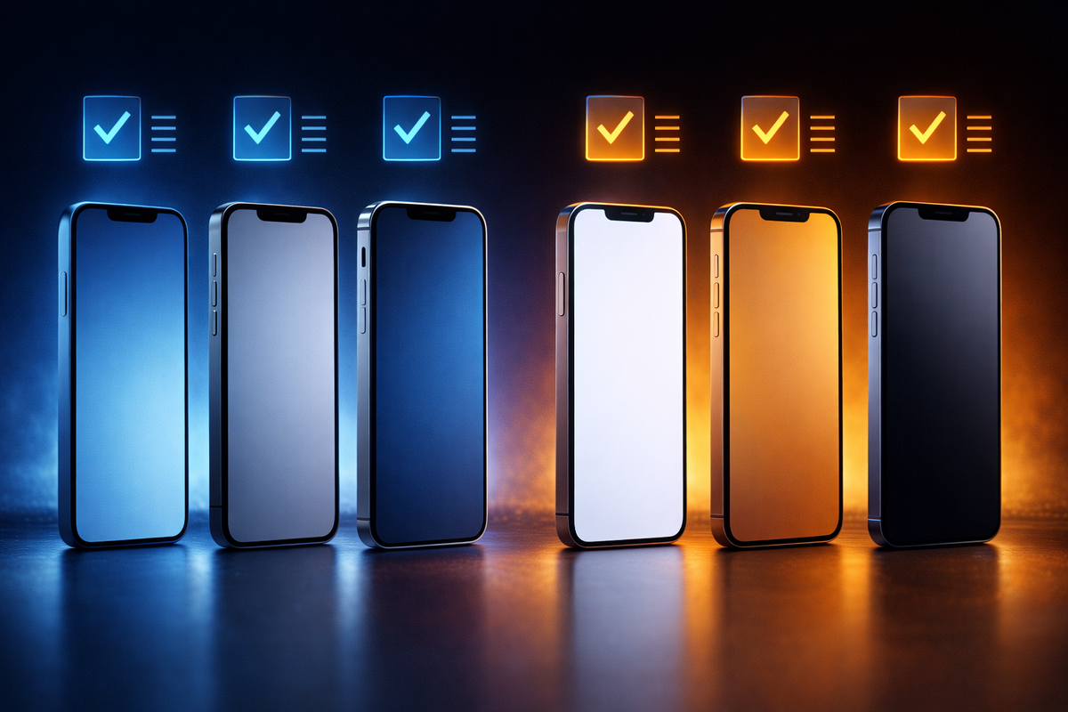 Six flagship smartphones lined up under glowing checkmarks—ultimate model comparison, clarity meets confidence, decisive sell-or-hold energy in electric blue and orange contrast