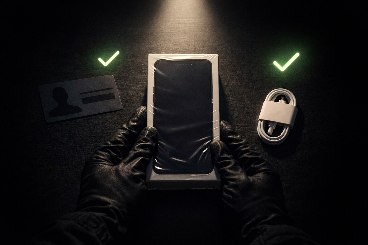 Perfect resale prep flat lay—sealed phone, ID card, charging cable, green approval ticks glowing in the dark—precision, control, zero-mistake high payout mindset