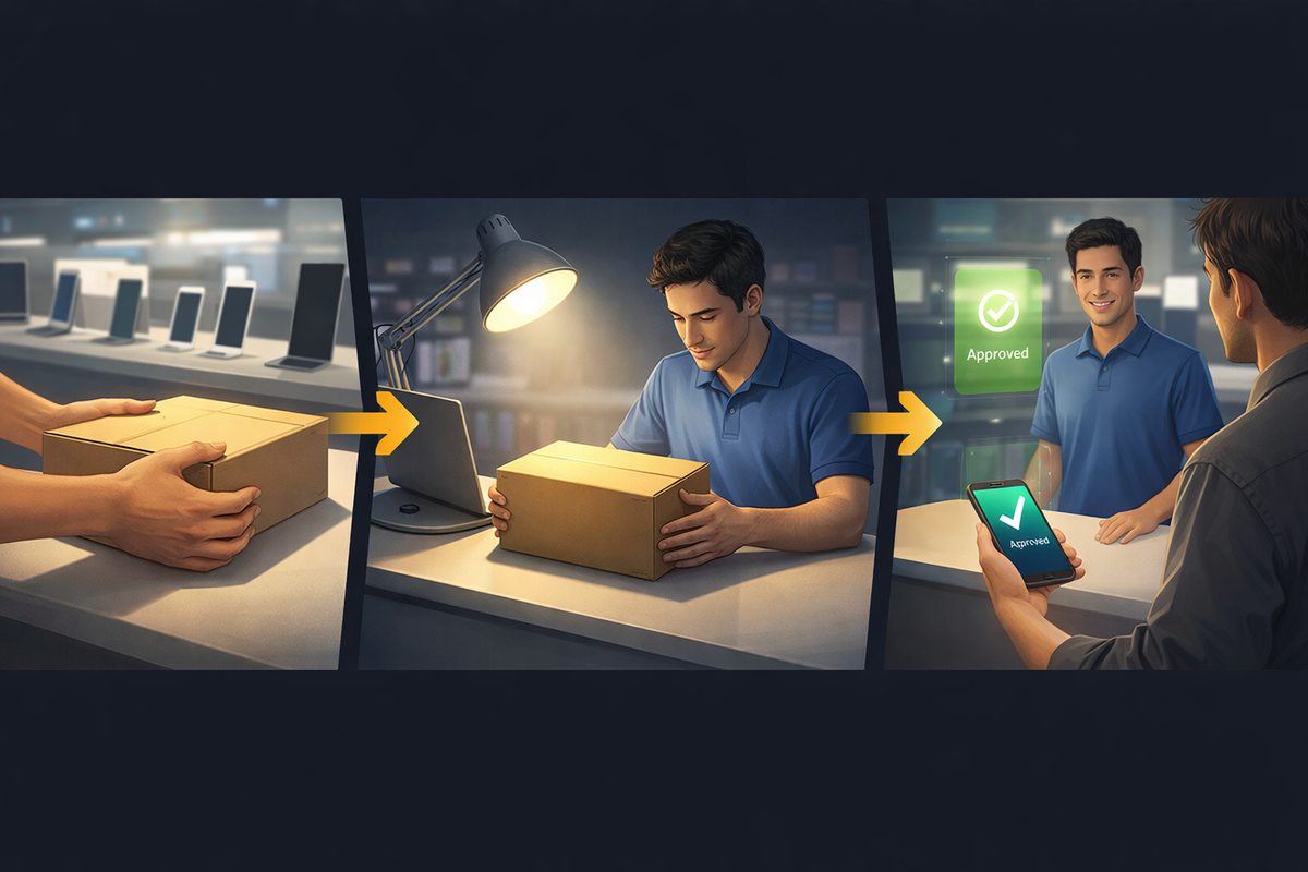 Step-by-step trade-in journey from box handoff to instant approval on screen—smooth process, trust secured, satisfying green check victory moment