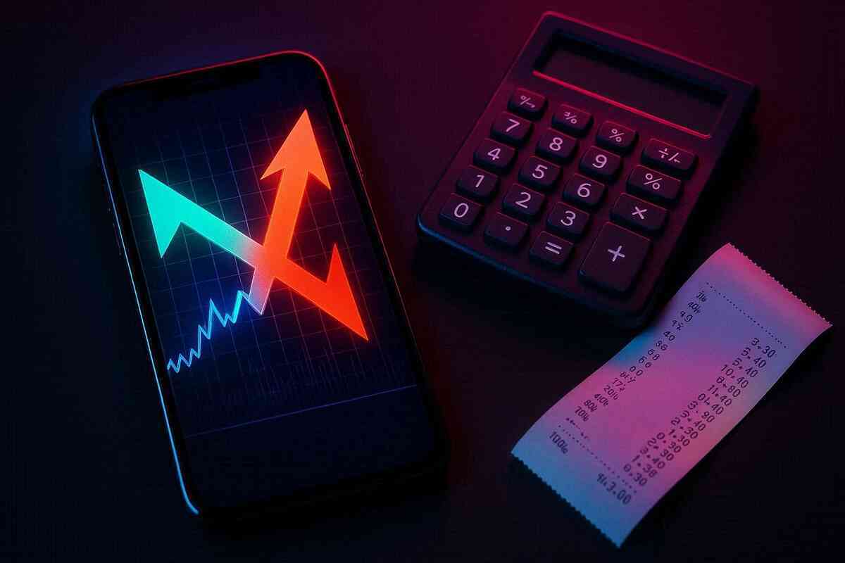 Neon price graph colliding up and down on a smartphone screen beside calculator and receipt—volatility, timing pressure, high-stakes resale decision under midnight finance glow