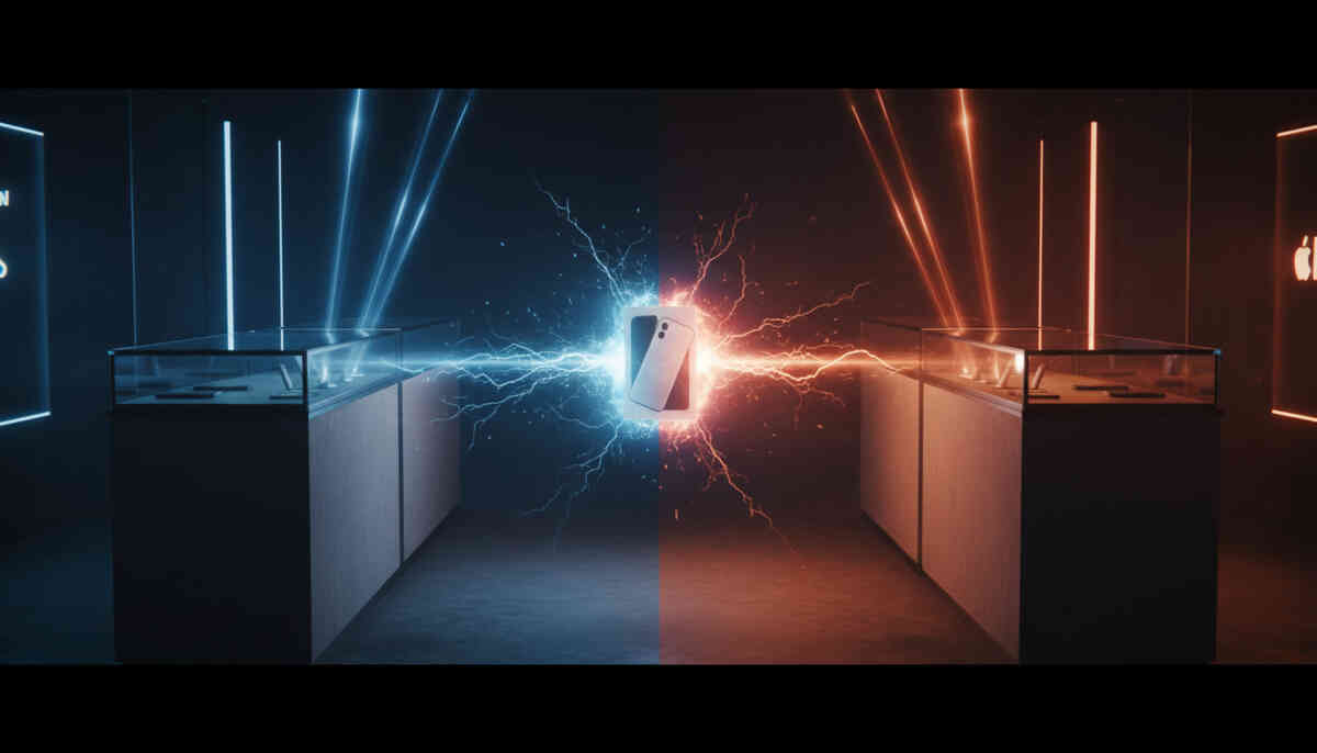 Head-to-head resale battle scene—two rival storefront counters divided by blue and red lightning, smartphone suspended at the center of a dramatic price war showdown
