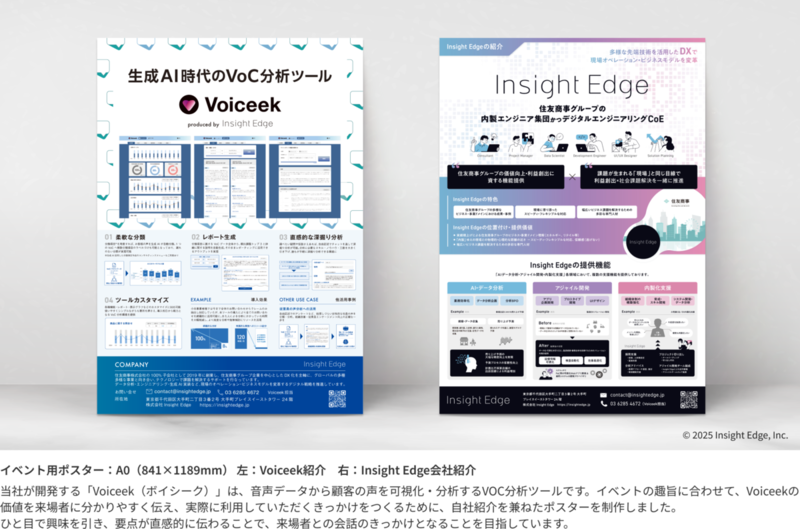 イベント用ポスター：A0（841&times;1189mm） 左：Voiceek紹介　右：Insight Edge会社紹介　当社が開発する「Voiceek（ボイシーク）」は、音声データから顧客の声を可視化・分析するVOC分析ツールです。イベントの趣旨に合わせて、Voiceekの価値を来場者に分かりやすく伝え、実際に利用していただくきっかけをつくるために、自社紹介を兼ねたポスターを制作しました。ひと目で興味を引き、要点が直感的に伝わることで、来場者との会話のきっかけとなることを目指しています。
