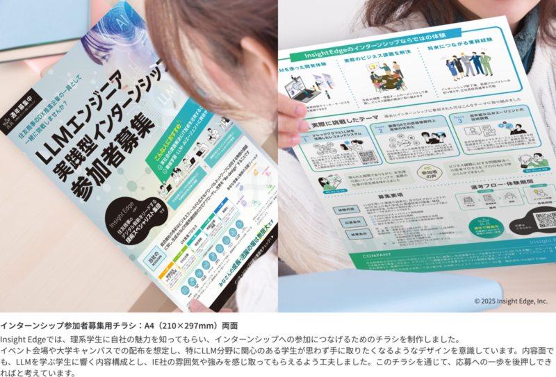 インターンシップ参加者募集用チラシ：A4（210&times;297mm）両面　Insight Edgeでは、理系学生に自社の魅力を知ってもらい、インターンシップへの参加につなげるためのチラシを制作しました。イベント会場や大学キャンパスでの配布を想定し、特にLLM分野に関心のある学生が思わず手に取りたくなるようなデザインを意識しています。内容面でも、LLMを学ぶ学生に響く内容構成とし、IE社の雰囲気や強みを感じ取ってもらえるよう工夫しました。このチラシを通じて、応募への一歩を後押しできればと考えています。