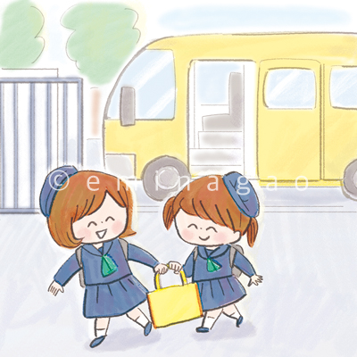 通園バスと園児 子供イラスト イラストレーター長尾映美 ファミリー