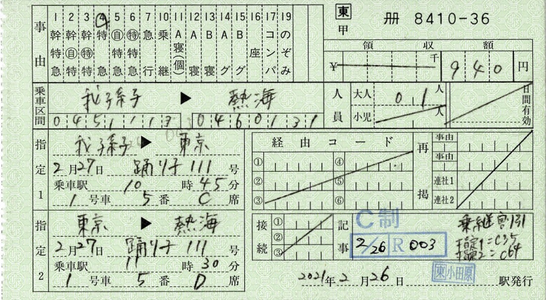 本日の使用切符：JR東日本 小田原駅発行 踊り子111号 我孫子