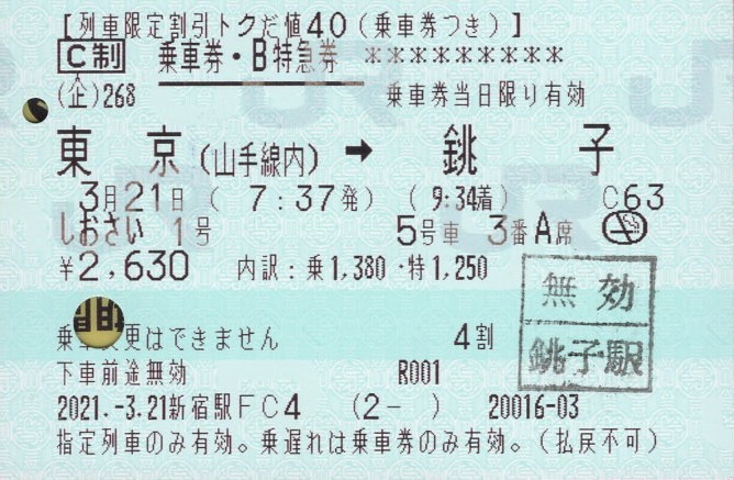 本日の使用切符：JR東日本 えきねっと予約 新宿駅発行 しおさい1号