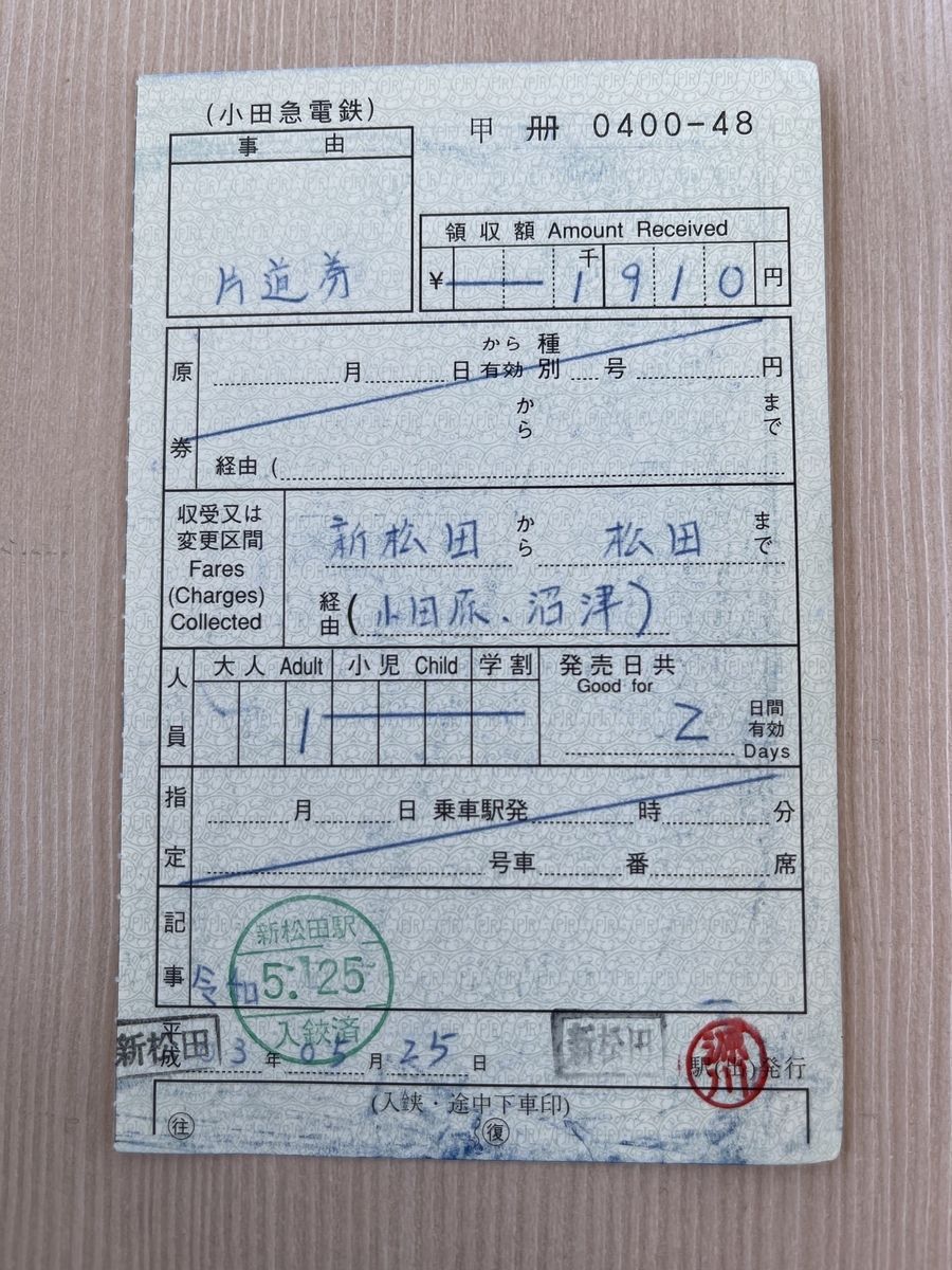 本日の使用切符：発券難渋 小田急電鉄 ○駅発行 ○→松田 出札