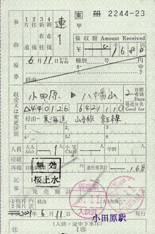 本日の使用切符：JR東日本 小田原駅発行 小田原→八幡山→西大井