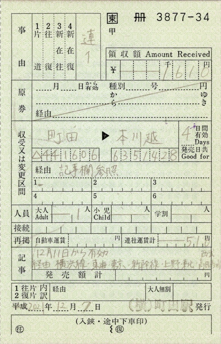 本日の使用切符：JR東日本 町田駅発行 町田→本川越→小田原 出札補充