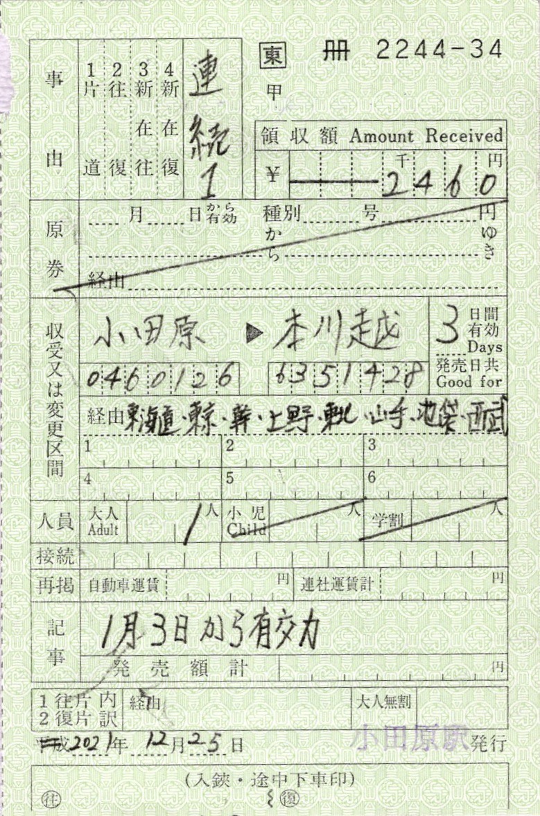 本日の使用切符：JR東日本 小田原駅発行 小田原→本川越→町田 出札