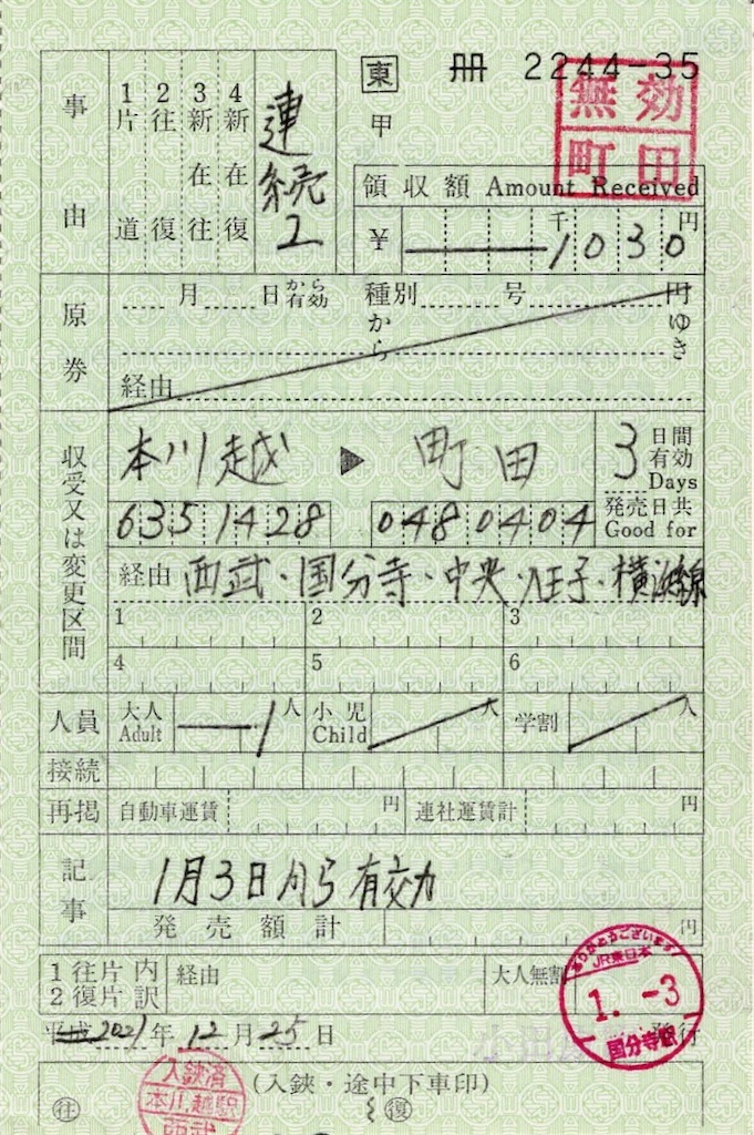 本日の使用切符：JR東日本 小田原駅発行 小田原→本川越→町田