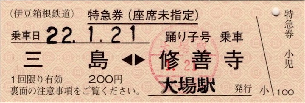 本日の使用切符：伊豆箱根鉄道 三島-修善寺 硬券特急券（座席未指定