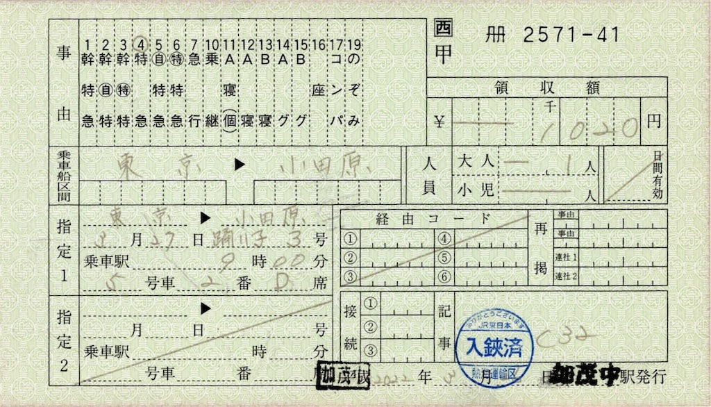 本日の使用切符：JR西日本 加茂中駅発行 踊り子3号 東京▶︎小田原