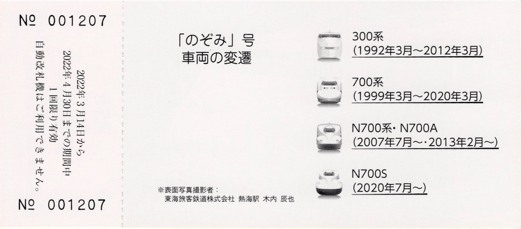 本日の切符：JR東海 東海道新幹線「のぞみ」号運行開始30周年記念乗車