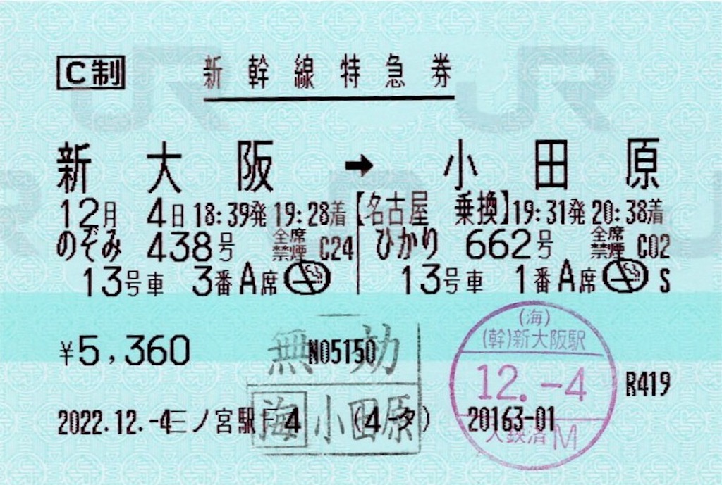 本日の使用切符：JR西日本 三ノ宮駅発行 のぞみ438号・ひかり662号 新