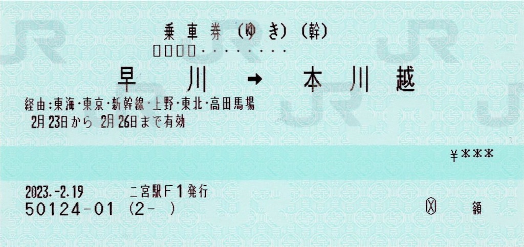本日の使用切符：JR東日本 二宮駅発行 早川⇆本川越 往復乗車券（JR