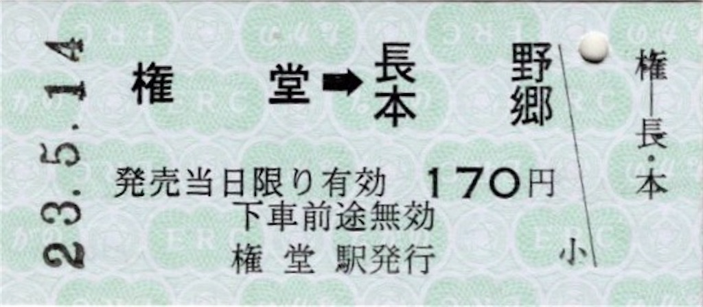 本日の切符：長野電鉄 権堂駅発行 各種硬券（普通入場券・特別急行券