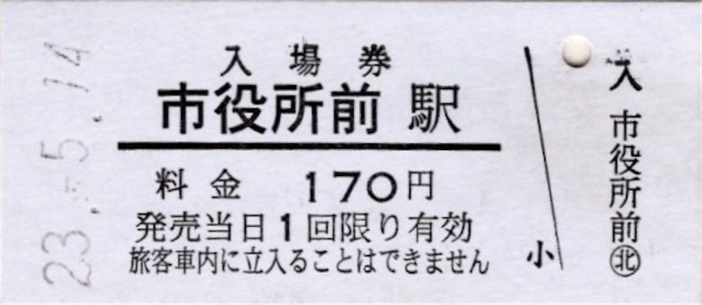 本日の切符：長野電鉄 市役所前駅発行 各種硬券（普通入場券・特別急行