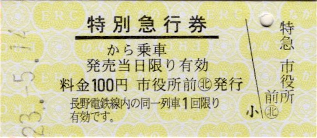 本日の切符：長野電鉄 市役所前駅発行 各種硬券（普通入場券・特別急行