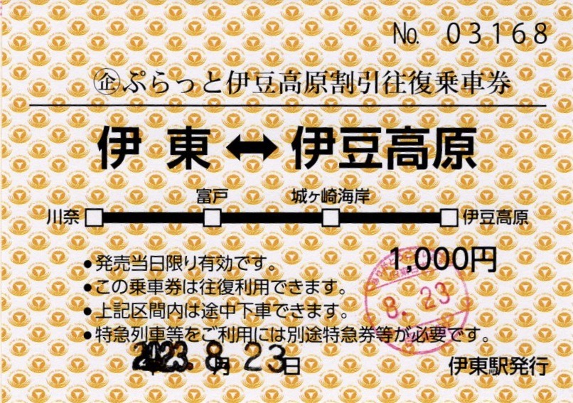 本日の使用切符：伊豆急行 伊東駅発行 ぷらっと伊豆高原割引往復乗車券