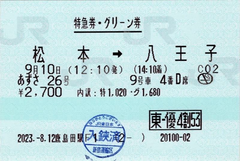 使用済み切符 グリーン指定券 本日の使用切符：JR東日本 鹿島田駅発行 あずさ26号 松本➡︎八王子