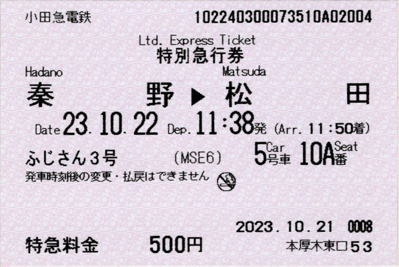 本日の使用切符：小田急電鉄 本厚木駅発行 ふじさん3号 秦野▶︎松田