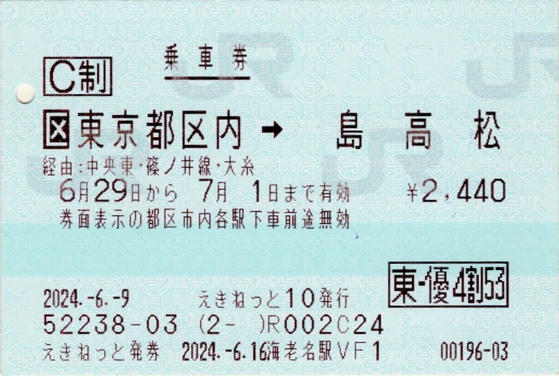 本日の使用切符：JR東日本 えきねっと発券 海老名駅発行 町田➡︎田沢