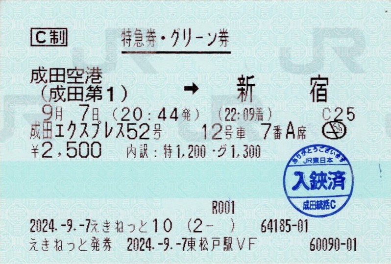 本日の使用切符：JR東日本 えきねっと発券 東松戸駅発行 成田