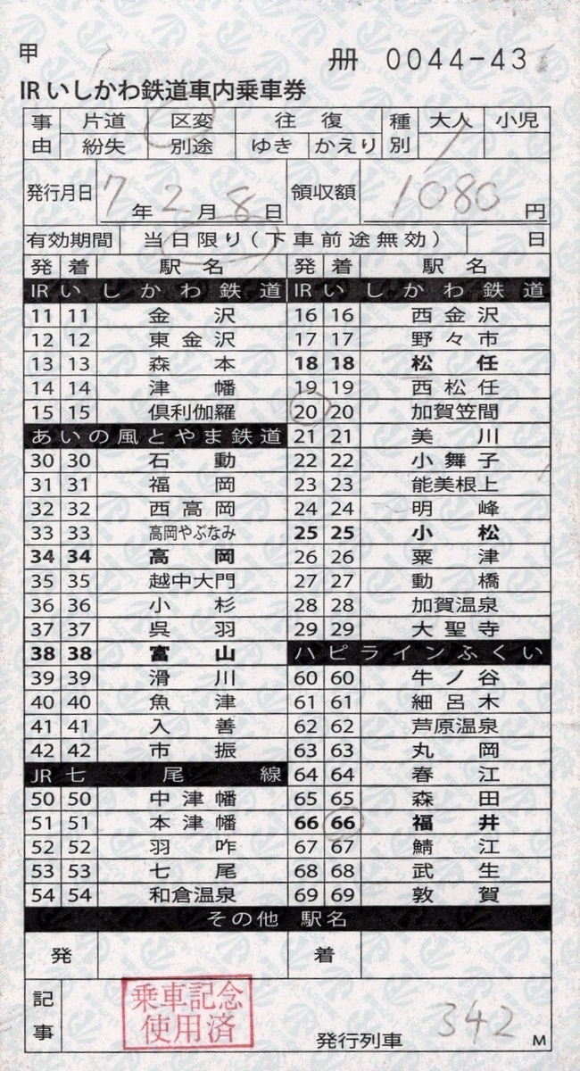 本日の使用切符：IRいしかわ鉄道 車内乗車券 - Visitor D-BLUE