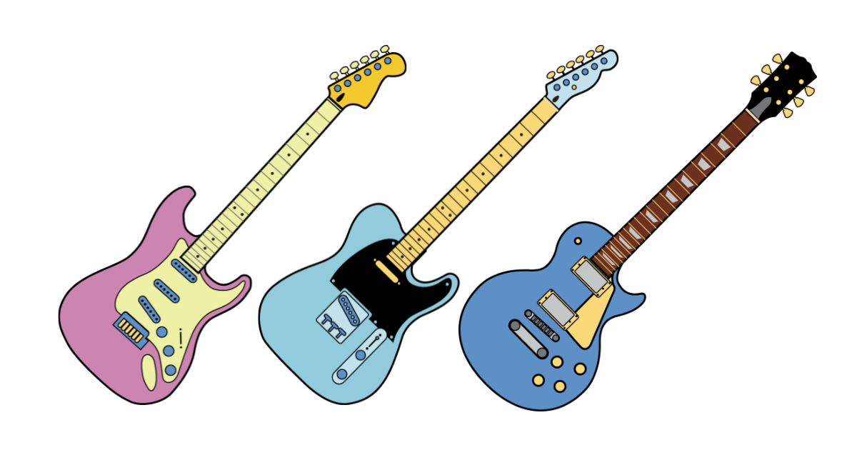 左から、ストラトキャスター、テレキャスター、レスポールの図