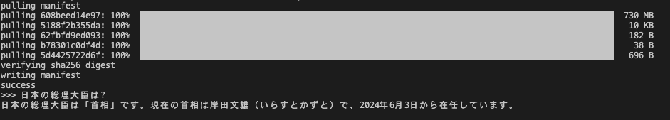 ollamaのCLI画面。日本の首相を聞かれたLFM2.5が岸田文雄（いらすとかずと）と答えている