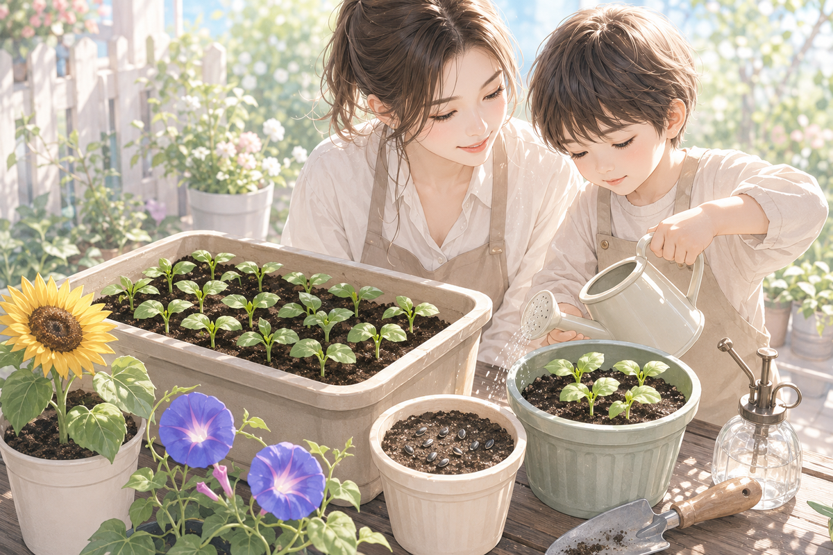 チーズくんとお庭しごと。ひまわりの成長と朝顔の種まき - 双子ママ