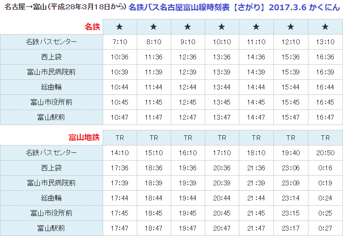 名鉄バス名古屋富山線時刻表【さがり】