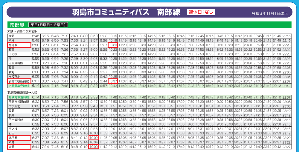 個別「2022.10.14 羽島市コミュニティーバス南部線時刻表【平日