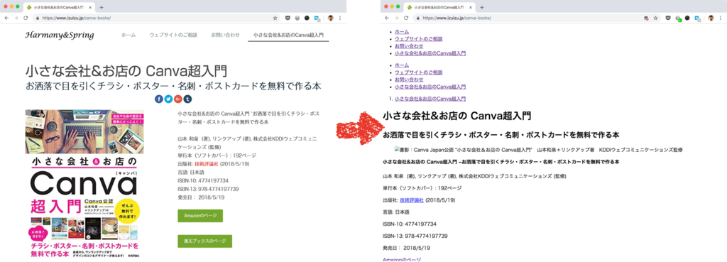 キャプチャー画像：左が通常表示。右がCSSと画像表示を切った表示