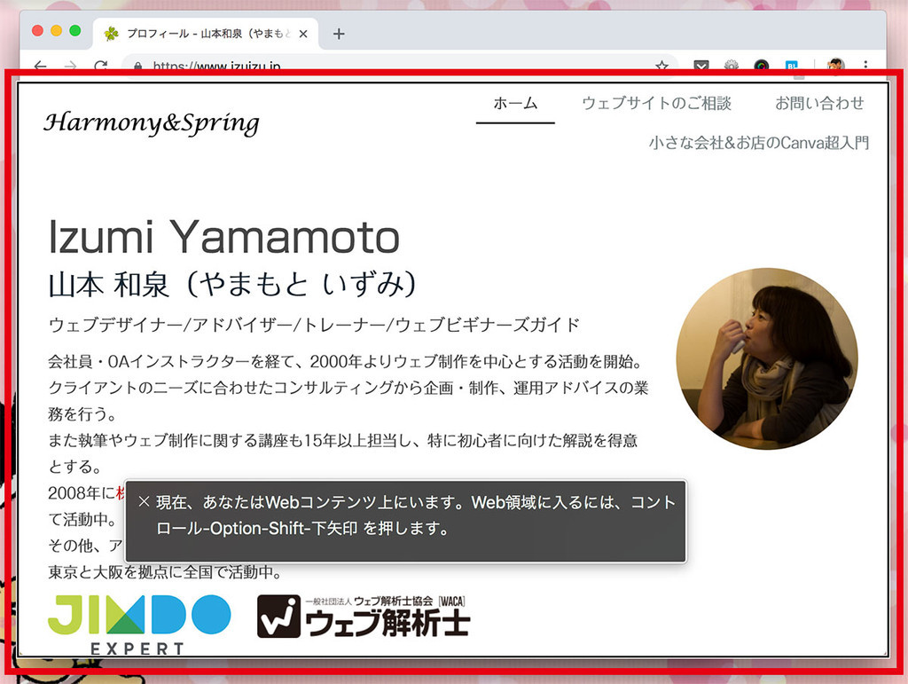VoiceOverがオンになった状態のブラウザー画面。黒い縁取りがされている