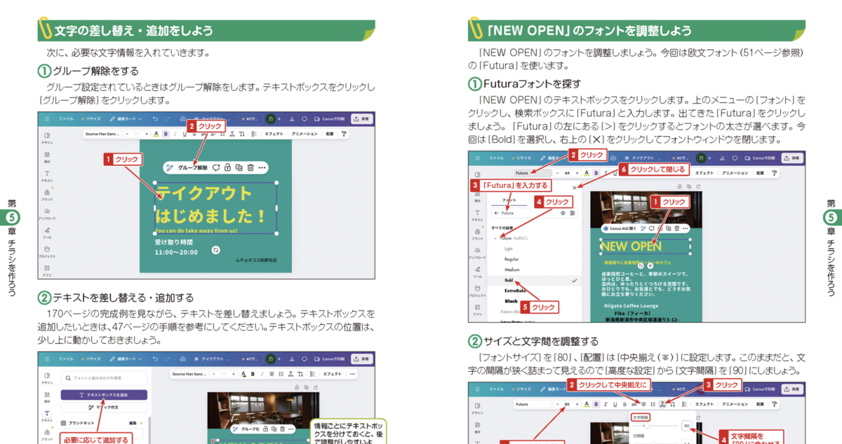 Canvaで文字を編集する手順の解説見開き。左はテキストの差し替え・追加とグループ解除、右は「NEW OPEN」文字のフォント検索（Futura Bold）とサイズ・文字間隔の調整を説明。操作位置を示す番号付きのスクリーンショットが配置されている。