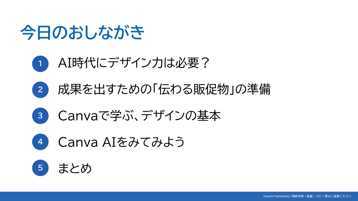 今日のおしながき  1　AI時代にデザイン力は必要？  2　成果を出すための「伝わる販促物」の準備  3　Canvaで学ぶ、デザインの基本  4　Canva AIをみてみよう  5　まとめ