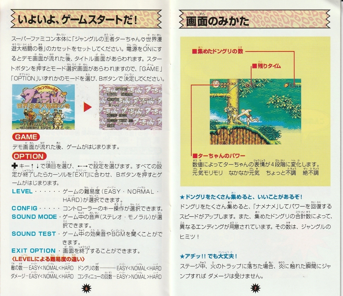 ジャングルの王者ターちゃん 世界漫遊大格闘の巻 1994年 スーパーファミコン レトロゲームの説明書保管庫