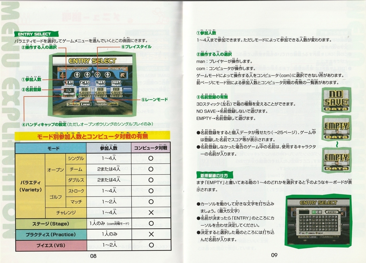 Super Bowling』1999年／ニンテンドウ64 - レトロゲームの説明書