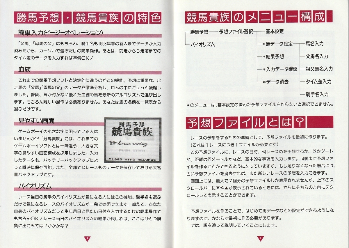 勝馬予想 競馬貴族』1993年／ゲームボーイ - レトロゲームの説明書保管庫