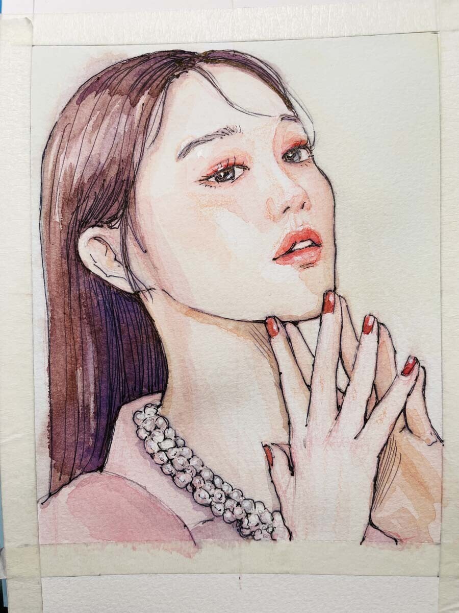 微笑みの絵　人物画 今日も笑顔で😊 #美しいひと #一発描き #水彩画#人物スケッチ