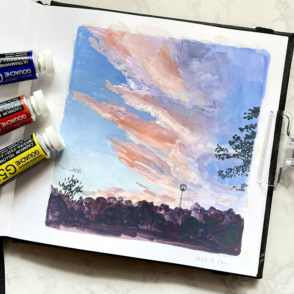 三原色だけで描く夕焼け雲 不透明水彩 ガッシュ画 - 桃蝶画房