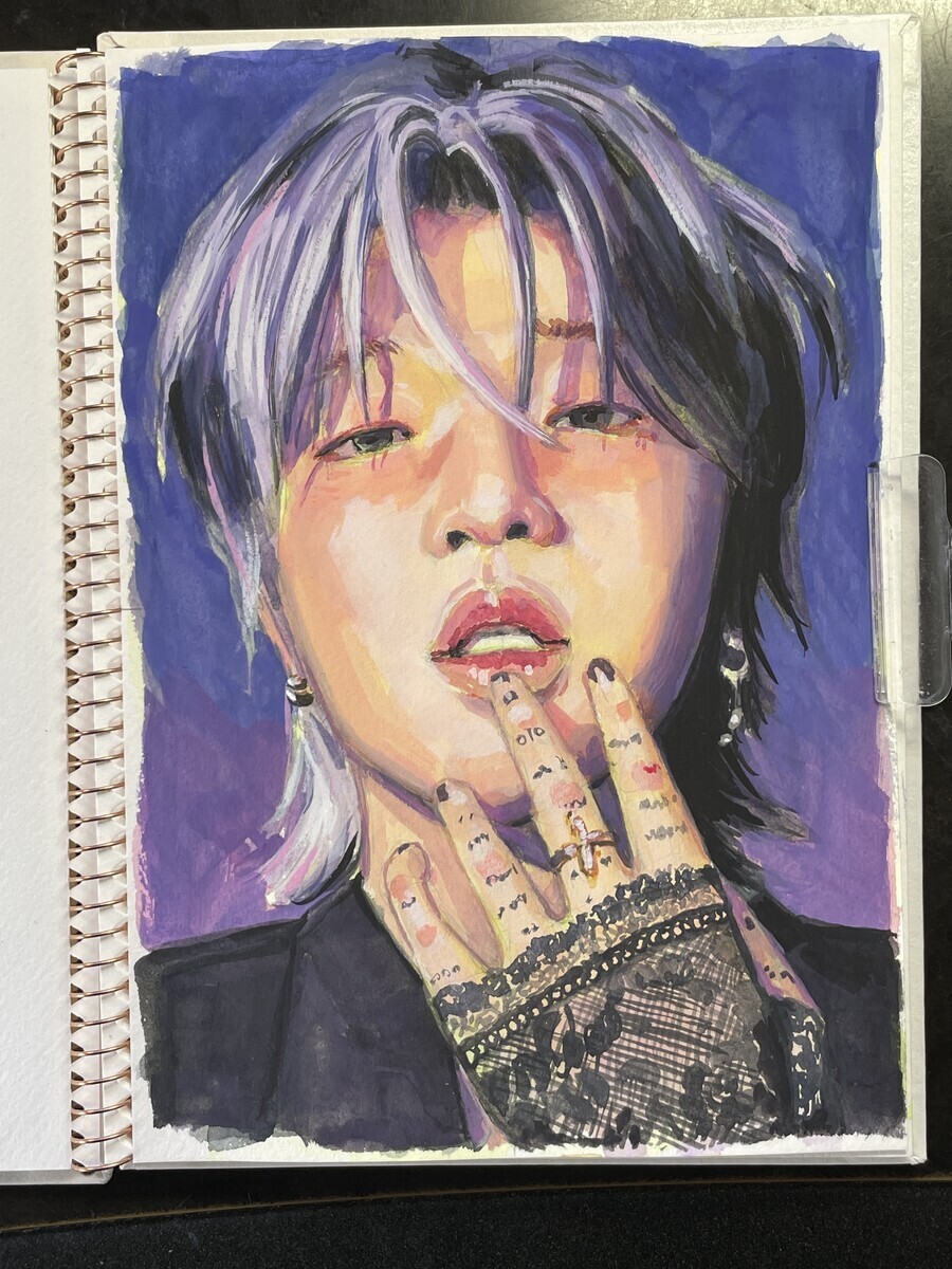 韓国ラッパーの絵を描くサクラマット水彩 - 桃蝶画房