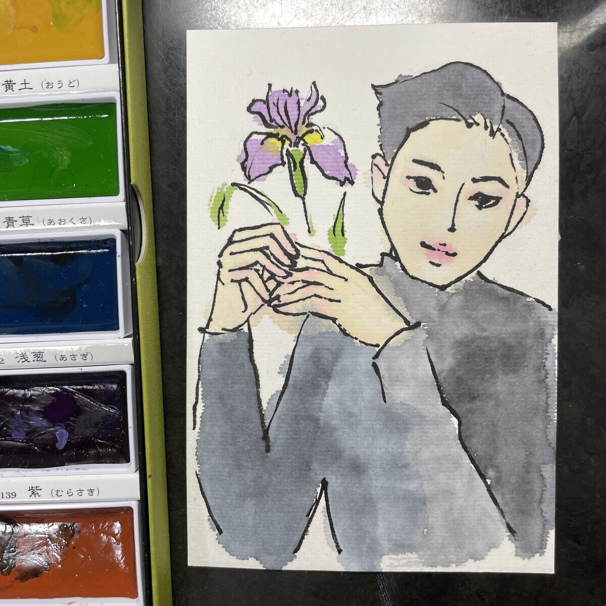 画仙紙 絵手紙 顔彩で人物画描いてみた - 桃蝶画房