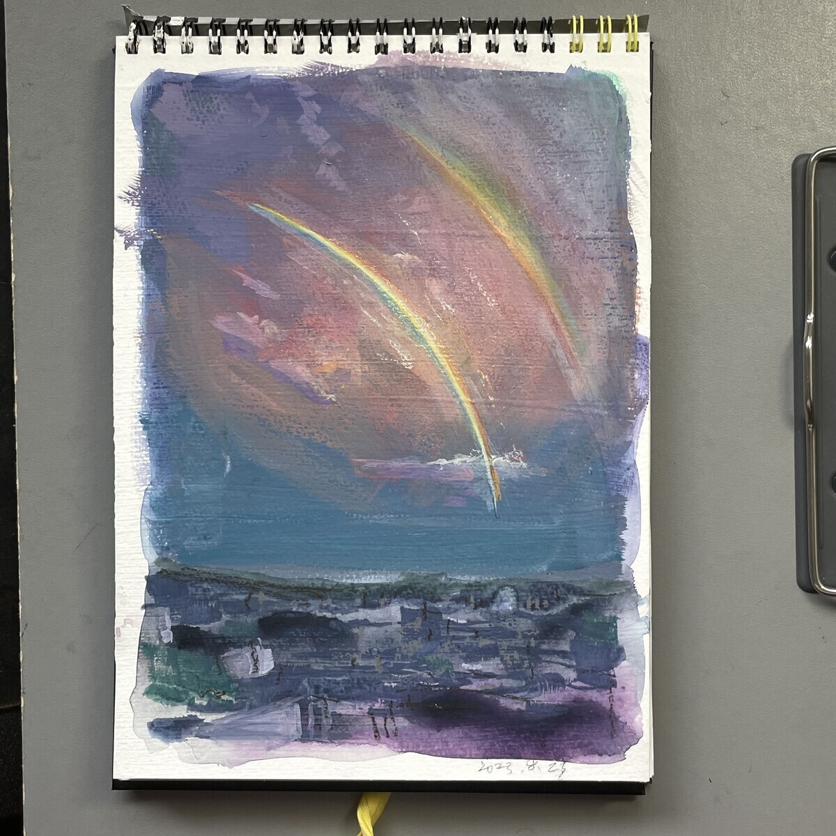 不透明水彩風景画 虹の空 マルマンアートスパイラルF0 ウェット