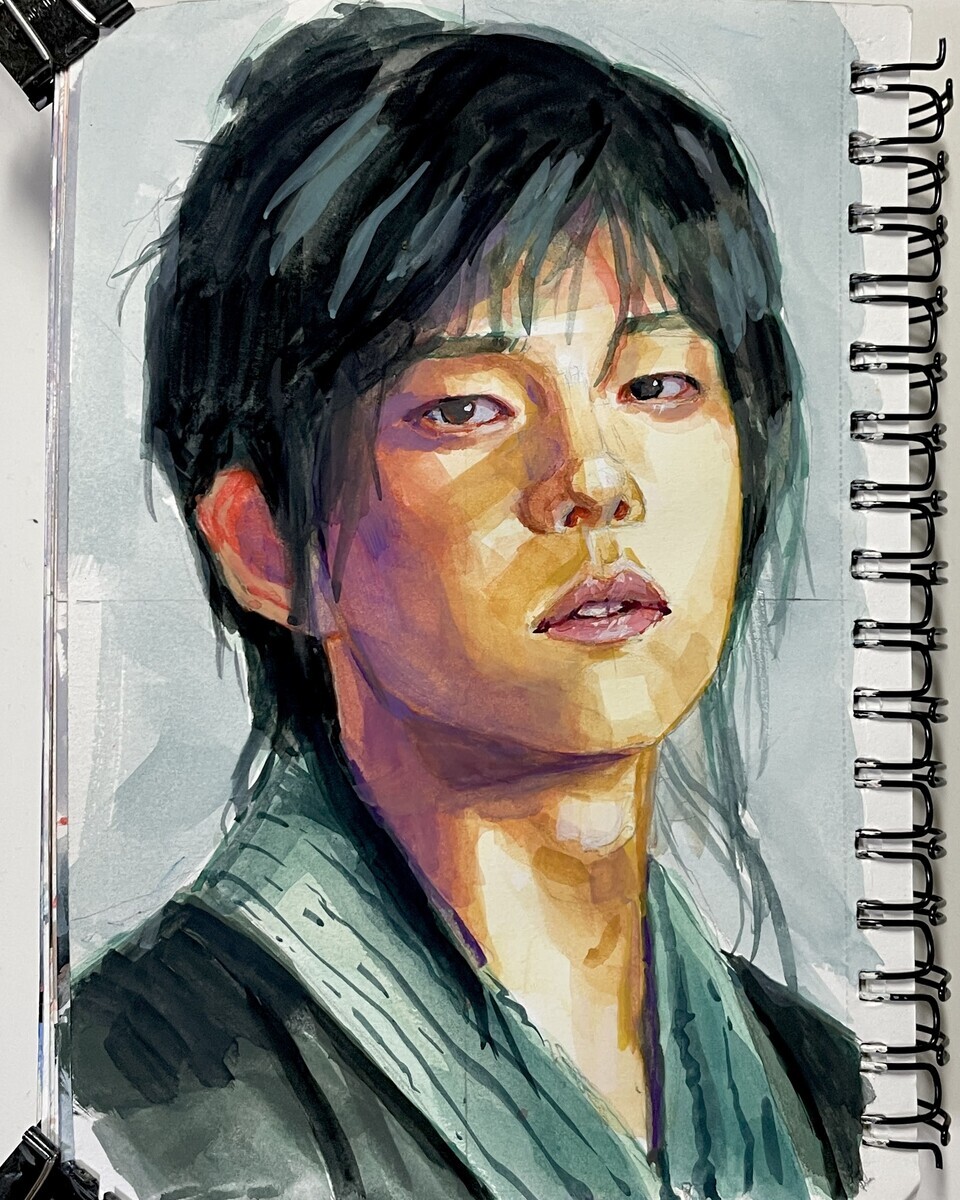 不透明水彩で人物画 8月9日 ホルベイン&ターナーデザインガッシュ - 桃